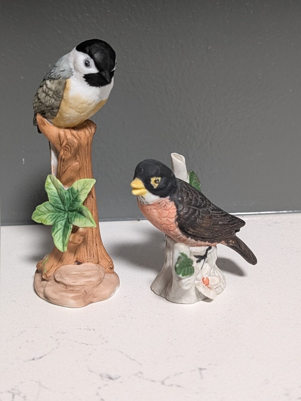 VTG Decorative Ceramic Bird Figurines, Black, White & Peach Accent, from Taiwan